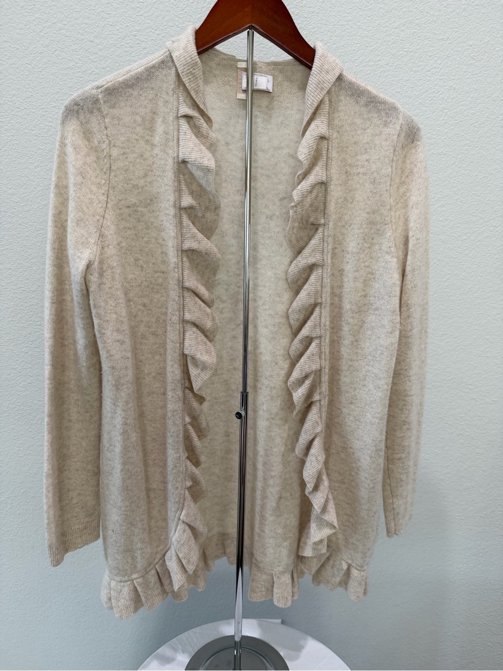 Chico’s 100% Cashmere Cardigan Sweater Size 0 Small Beige Heather with Ruffle